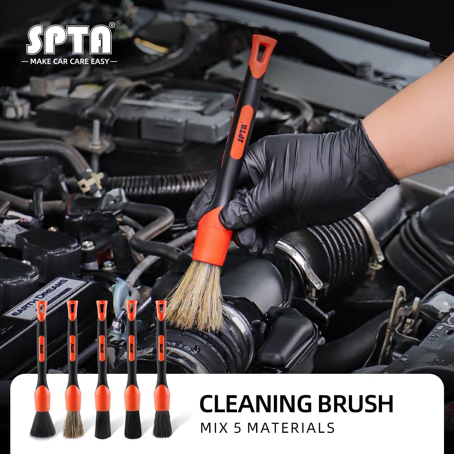 SPTA Car Detailing Brush Mix 5 Materials Brush Set With Detachable Elbow Conversion For Air Vents Engine Bays Dashboard & Wheels