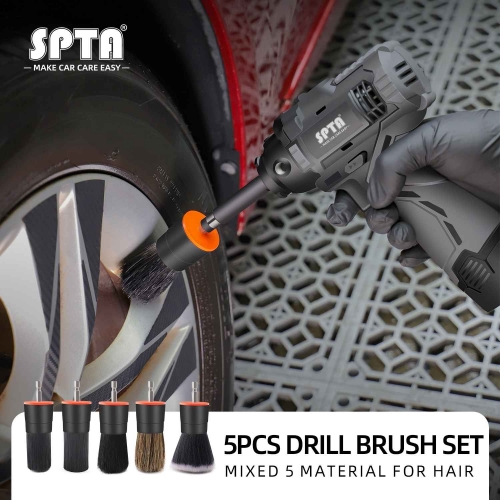 SPTA 5pcs Car Detailing Brush Boar Hair Detailing Brush Head For Drill 5 Different Brush Head For Car Interior Cleaning